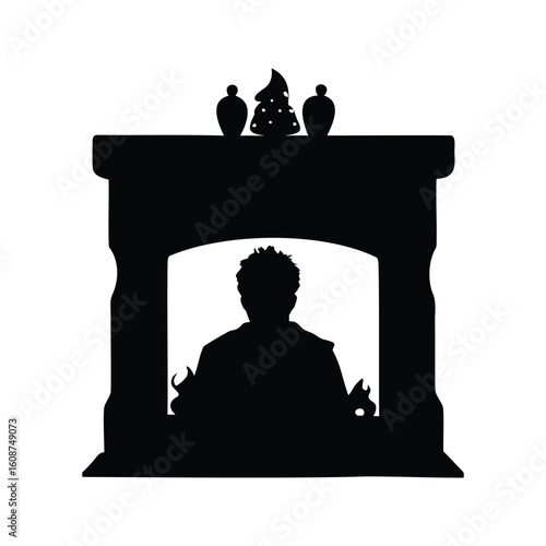 Silhouette of a Person Sitting by Fireplace with Christmas Tree Decoration