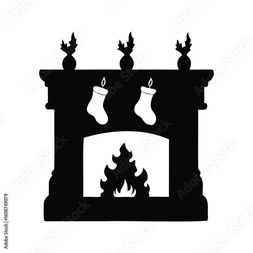 Elegant black and white fireplace mantel silhouette with hanging stockings and fire