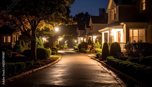 Nighttime residential street scene