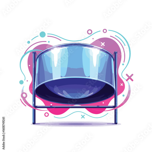 A vibrant illustration of a steelpan drum, ready to play music, set against a colorful abstract background.