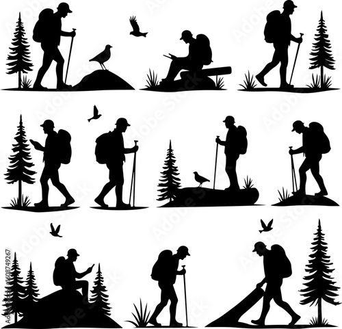 Hiking Adventure  Man outdoor  walking man illustration,