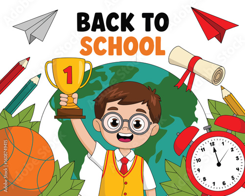 Cheerful cartoon of student boy celebrating back to school with trophy, books, paper airplanes, globe, basketball, and red alarm clock
