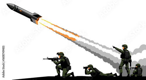 Soldiers launch a ballistic missile during a military operation, showcasing teamwork and strategic deployment in a dynamic action scene against a stark white background.