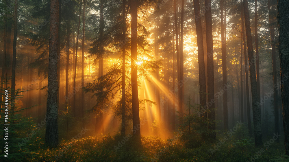Naklejka premium Golden sunbeams pierce through a dense forest creating a magical atmosphere