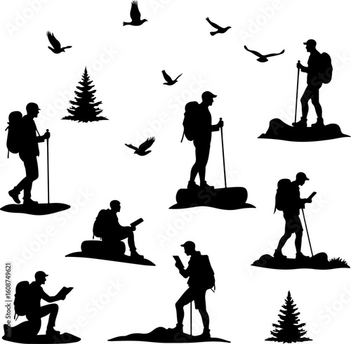 Hiking Adventure  Man outdoor  walking man illustration,