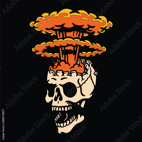 Cartoon Skull Illustration with Atomic Mushroom Explosion Erupting from Head on Black Background
