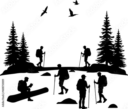 Hiking Adventure  Man outdoor  walking man illustration,