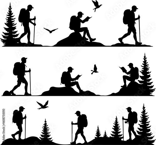 Hiking Adventure  Man outdoor  walking man illustration,