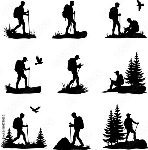 Hiking Adventure  Man outdoor  walking man illustration,