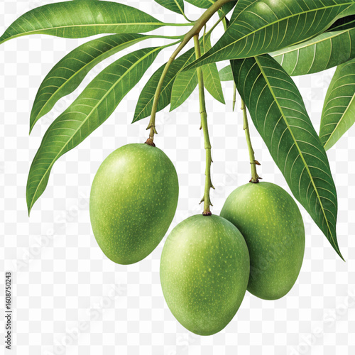 realistic fresh mangos hanging from a branch with green leaves in a natural setting isolated on transparent background