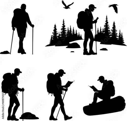 Hiking Adventure  Man outdoor  walking man illustration,