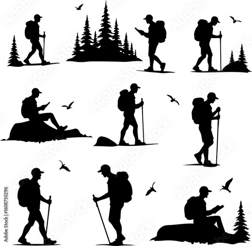 Hiking Adventure  Man outdoor  walking man illustration,