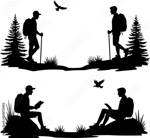 Hiking Adventure  Man outdoor  walking man illustration,