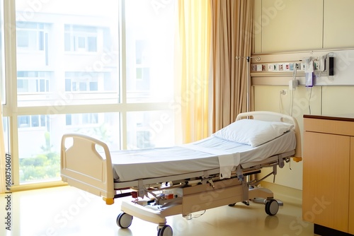 Hospital bed in modern room, bright natural light, soft curtain, calm and safe feeling.