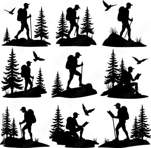 Hiking Adventure  Man outdoor  walking man illustration,