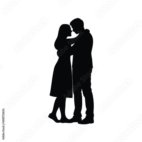 Silhouette of an affectionate couple embracing, their foreheads touch in love
