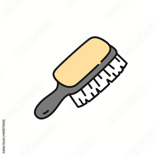 Illustration of a cleaning brush with a tan head, gray handle, and white bristles.