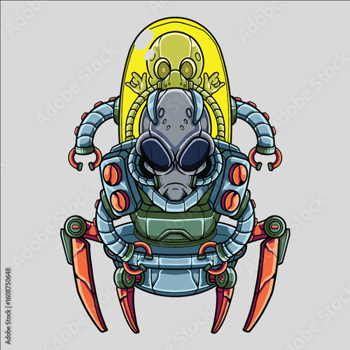 Futuristic Alien Insect Robot with Mechanical Legs and Transparent Dome Containing Skull
