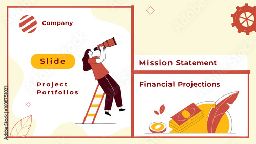 Presentation slide with woman looking through telescope, financial projections and mission statement