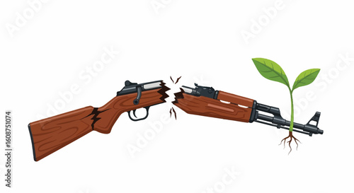 Symbol of peace: a broken rifle transforming into a thriving plant, illustrating disarmament, hope, and new life for International Day of Peace.