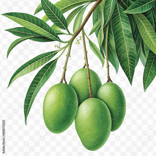 realistic fresh mangos hanging from a branch with green leaves in a natural setting isolated on transparent background
