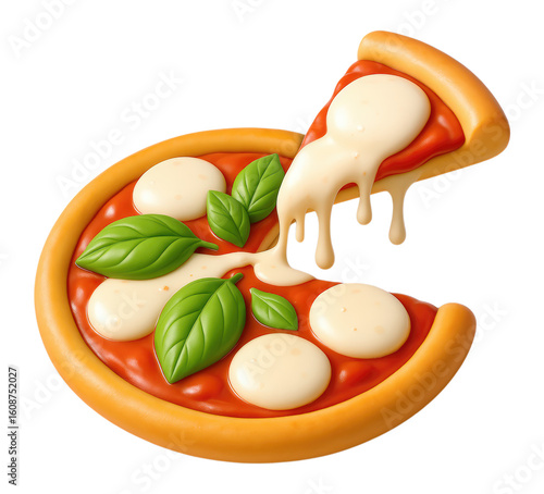 3D cute cartoon Margherita pizza icon with a melting cheese pull slice, fresh basil and mozzarella, Isolated on Transparent and White Background
