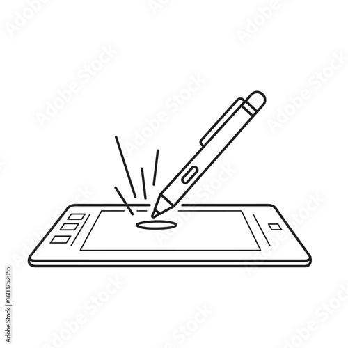 A graphic tablet with a stylus pen hovering above its surface, ready to draw or interact.