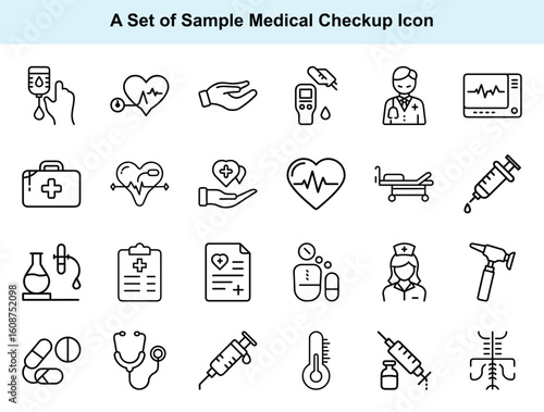 Healthcare icons depict medical equipment for hospital checkup