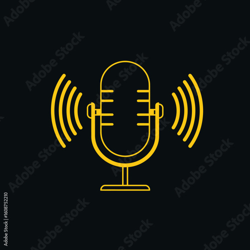 A yellow microphone outline emitting sound waves against a dark background.