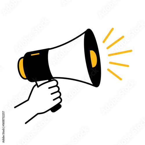 Hand holding a black and white megaphone with yellow accents, radiating sound waves.