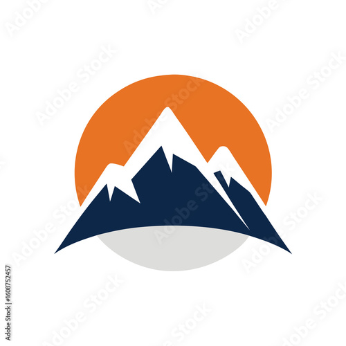 Flat icon of rising sun and mountain peak shown in minimalist outdoor adventure theme