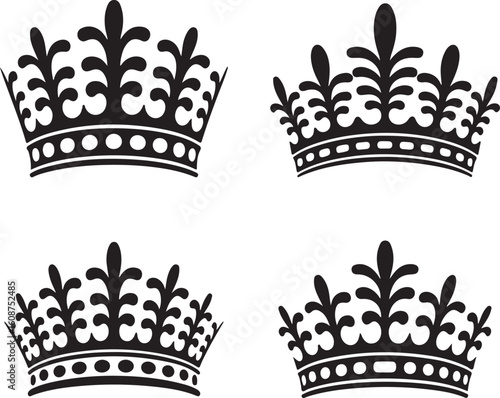 WebFour ornate black and white crown silhouettes displayed in a square arrangement on a light blue bordered background