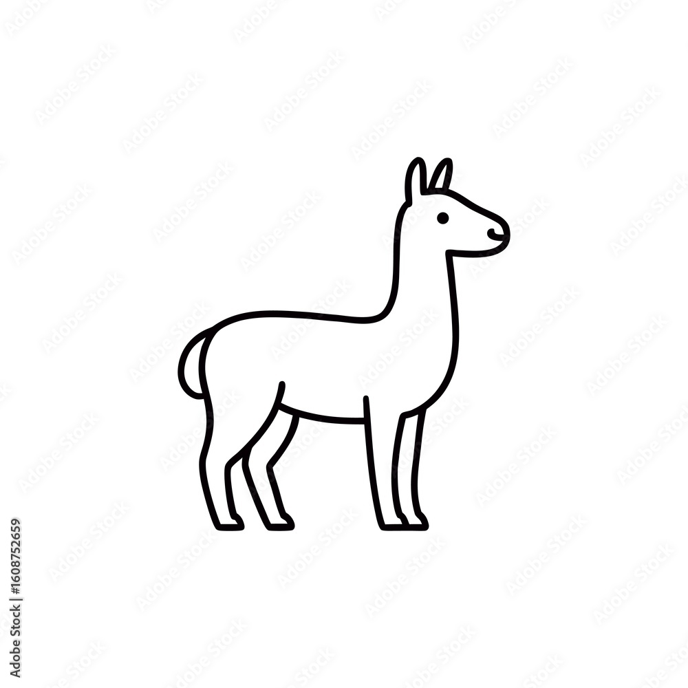 Fototapeta premium Simple Black and White Line Drawing of a Llama Standing Calmly in Profile on a White Background