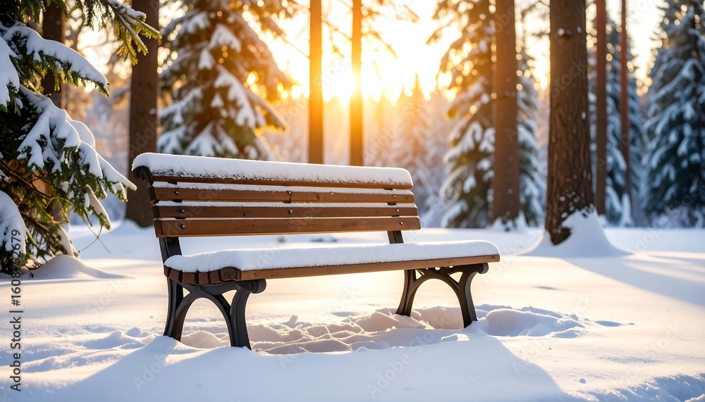 A peaceful winter scene featuring a snow-covered bench bathed in golden sunlight A peaceful winter scene featuring a snow-covered bench bathed in golden sunlight