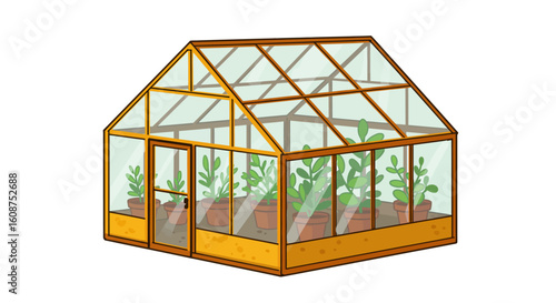 Glass Greenhouse Structure with Healthy Greenery Illustration
