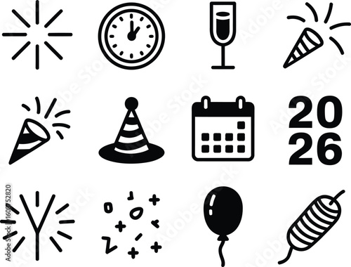 New year celebration icons set with clock and party elements