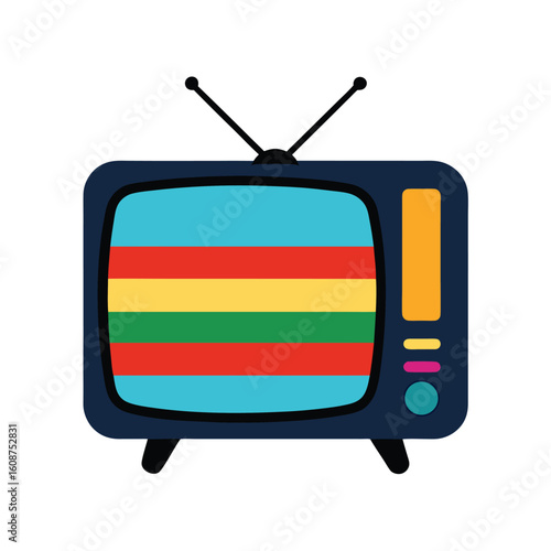 Vintage television set with rainbow stripes on screen in nostalgic vector style art