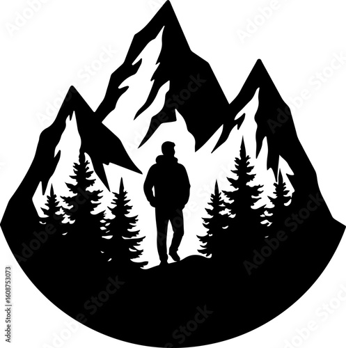 mountain hiking man forest, trees, pine trees, waves, water, bird, eagle,  vector budndle