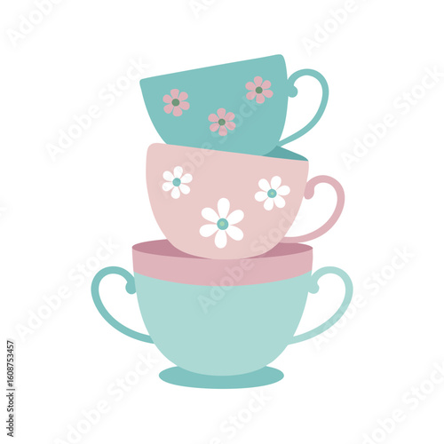 Pastel teacups with floral designs stacked in charming vintage tea theme vector art