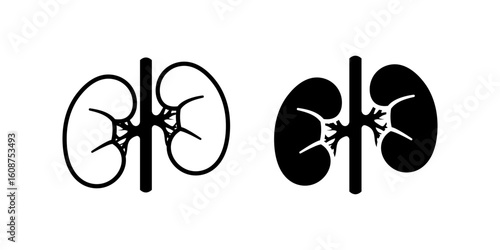 Kidney icon set. Black and white illustration of the human kidneys, showing the organ structure. Depicts a simple design suitable for medical, educational, or scientific contexts.