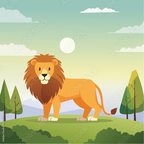 A majestic lion stands proudly on a green field against a serene nature background
