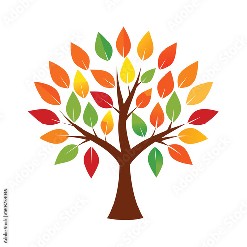 Tree with falling multicolored autumn leaves shown in seasonal decorative vector style
