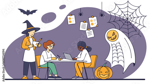 Three women working at a table with halloween decorations in an office setting illustration design