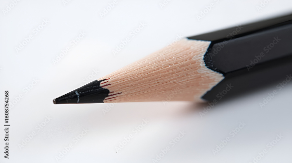 Obraz premium Sharp graphite pencil tip on light background, extreme close up macro photography showing wood texture and lead point for creative writing and art concepts.