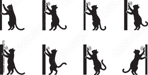 Cat Scratching Wall Silhouette Icon Set – Black Vector Design