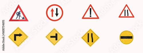 Road Warning and Direction Signs Vector Icon Set – Construction, Two-Way Traffic, Merge, and No Entry Symbols