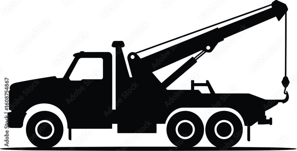 Naklejka premium Black Silhouette Tow Truck Illustration on a White Background for Graphic Design and Creative Projects and Commercial Use