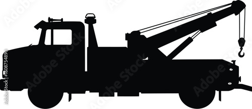 Black Silhouette of a Tow Truck with a Hook and Warning Light on a White Background Illustration