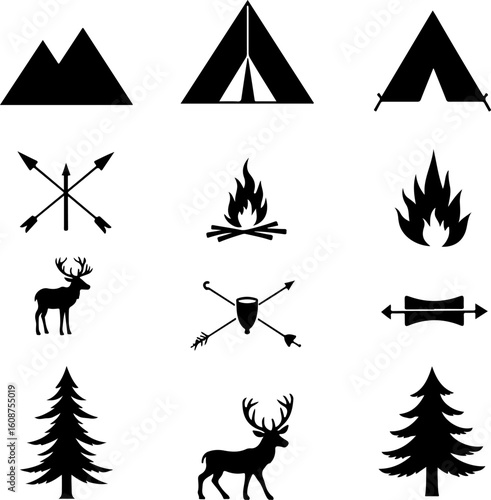 Mountain outdoor, adventure, travel,  forest, trees, pine trees, waves, water, bird, eagle,  deer vector bundle