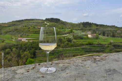 A glass of white wine on a stone ledge with a view of green hills, winding roads, and scattered houses in the countryside